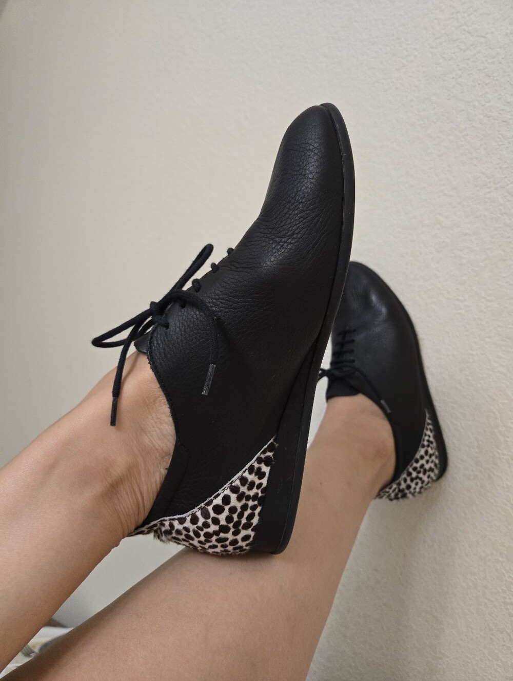 Arche Black Leather Lace-Up Flats with Leopard Heel Accent